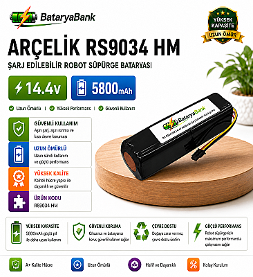 BataryaBank Arçelik RS9034 HM 14.4V 5800mAh Şarj Edilebilir Robot Süpürge Bataryası - 1