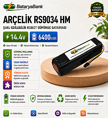 BataryaBank Arçelik RS9034 HM 14.4V 6400mAh Şarj Edilebilir Robot Süpürge Bataryası - 1
