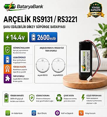 BataryaBank Arçelik RS9131 / RS3221 Uyumlu 14.4V 2600mAh Şarj Edilebilir Dikey Süpürge Bataryası - 1