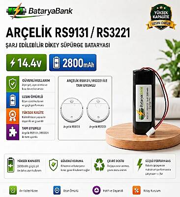 BataryaBank Arçelik RS9131 / RS3221 Uyumlu 14.4V 2800mAh Şarj Edilebilir Dikey Süpürge Bataryası - 1
