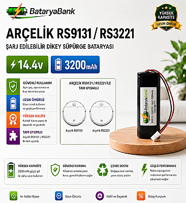 BataryaBank Arçelik RS9131 / RS3221 Uyumlu 14.4V 3200mAh Şarj Edilebilir Dikey Süpürge Bataryası - 1