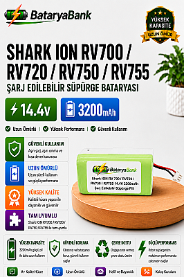 BataryaBank Shark ION RV700 / RV720 / RV750 / RV755 Uyumlu Robot Süpürge Bataryası 14.4V 3200mAh Li-ion Pil - 1