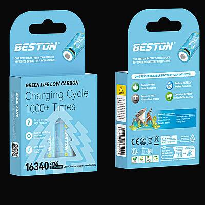 Beston CR123A 16340 3.7V 850mAh Şarjlı Li-ion Pil USB Kablolu 2'li Ambalaj - 1
