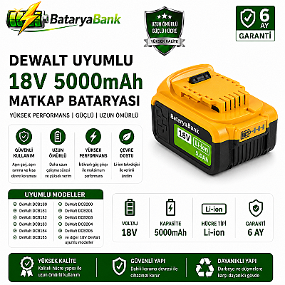 Dewalt 18V 5Ah Uyumlu Matkap Bataryası – Li-ion Akü - 1