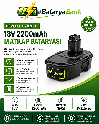 Dewalt Uyumlu 18V 2200mAh Ni-Cd Şarjlı Matkap Bataryası - BataryaBank - 1