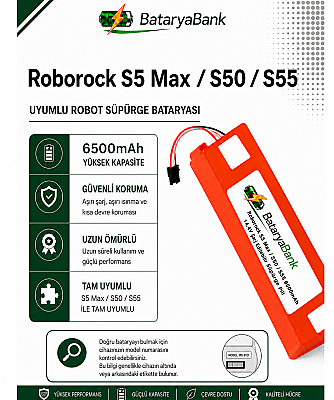 Roborock S5 Max / S50 / S55 Uyumlu Robot Süpürge Bataryası 14.4V 6500mAh Şarj Edilebilir Yedek Pil - 1