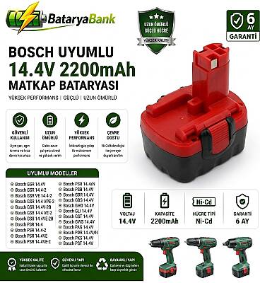 Bosch AHS GSR 14.4V 2.2ah E-2 BAT043 BAT045 BAT046 BAT049 BAT120 BAT139 Batarya - 1