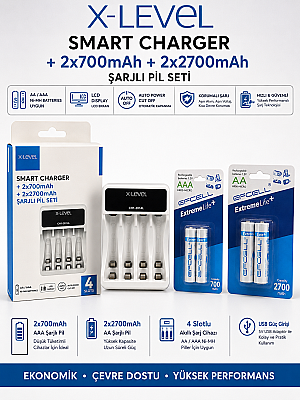X-Level CH1-201AL LCD Akıllı Pil Şarj Cihazı + 2x Efcell AA 2700mAh + 2x Efcell AAA 700mAh Şarj Edilebilir Pil Seti - 1